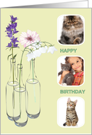 Photo card birthday pretty flowers in bottles of water, 3 photographs card
