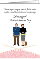 National Sweater Day, man, lady and pet dog in colorful sweaters card