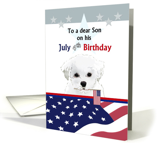 Son's Birthday on July 4th Dog Holding Small American Flag card