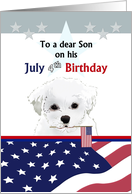 Son’s Birthday on July 4th Dog Holding Small American Flag card