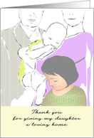 Thank you to adoptive parents from birth mom, couple holding baby girl card