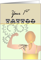 Getting your 1st tattoo, lady with floral tattoo on left shoulder card