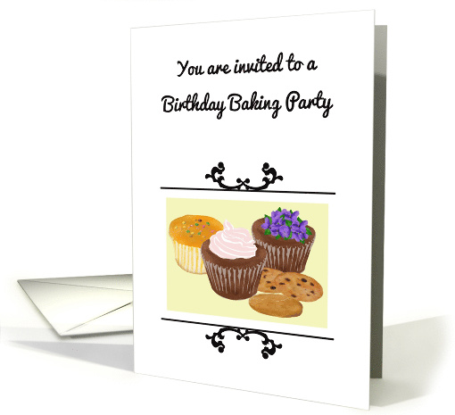 Invite to birthday baking party, yummy cupcakes and cookies card
