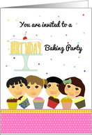 Birthday baking party invite for kids, happy faces colorful cupcakes card