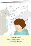 Thank you to adoptive parents from birth mom, couple holding baby boy card