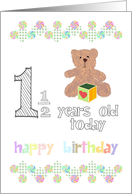 One And A Half Years Old Teddy Bear And Colored Toy Cube Birthday card