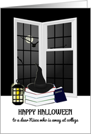 Halloween for Niece Away At College Books by Window Moon Night Sky card