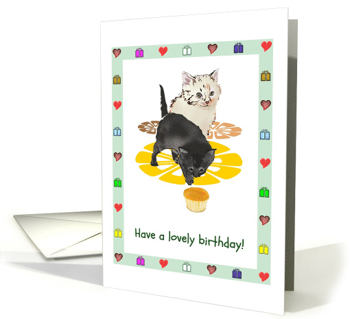 Birthday Two Cute Kittens with Cupcake Colorful Hearts... (1488084)