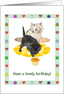 Birthday Two Cute Kittens with Cupcake Colorful Hearts and Presents card