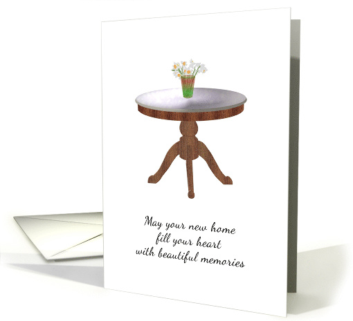 New Home Wooden Table With Marble Top And Vase Of Narcissi Blooms card