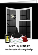 Halloween for Nephew Away at College Books by Window Moon Night Sky card