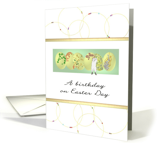 Birthday on Easter Day Bunny Decorated Eggs Ornamental Gold Rings card