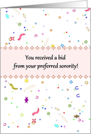 Receiving bid from preferred sorority, colorful confetti card