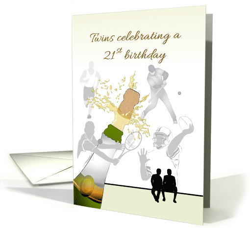 Twin Boys 21st Birthday Popping Champagne Sporting Activities card