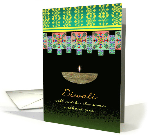 Missing You at Diwali Vibrant Geometric Patterns Lit Oil Lamp card