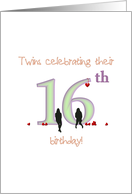 Twin Girls 16th Birthday Number 16 Decorated With Hearts card