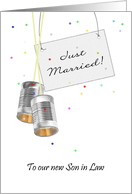 For New Son in Law on Wedding Day Just Married Sign and Tin Cans card