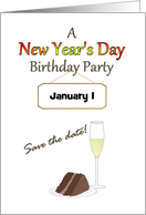 Save The Date New Year’s Day Birthday Party Cake And Champagne card