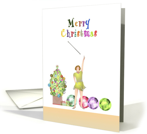 Lady demonstrating skills at baton twirling, Christmas card (1501688)