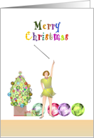 Lady demonstrating skills at baton twirling, Christmas card