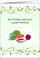 Toy Dentures And Colorful Baubles Christmas Greeting From Dentist card