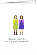 Birthday for twin girls, two young ladies in dresses and cardigans card