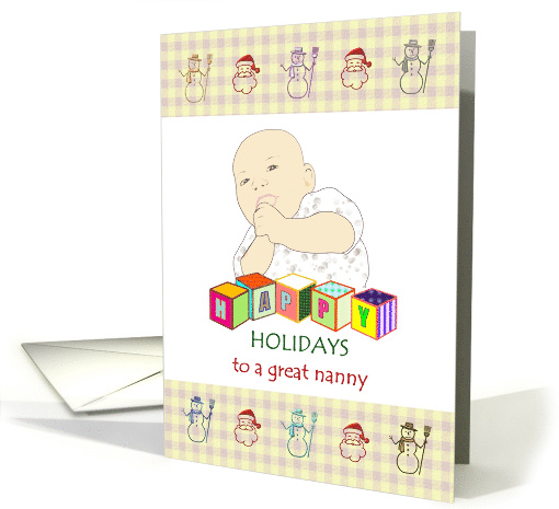 Happy holidays for nanny, cute baby with colored alphabet blocks card