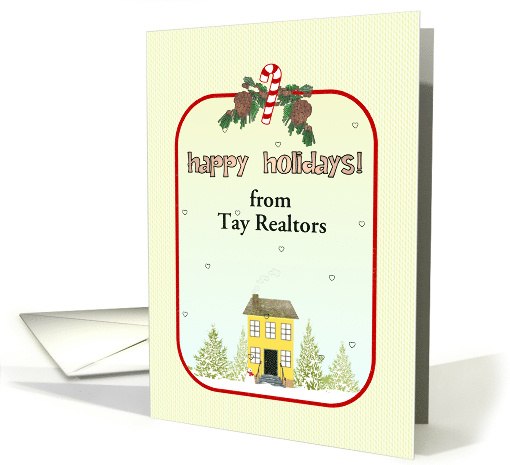 Happy Holidays Realtor To Clients Firs House Snowman Candy Cane card