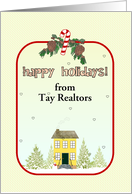 Happy Holidays Realtor To Clients Firs House Snowman Candy Cane card