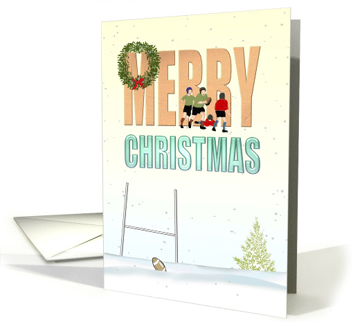 Christmas, boys playing rugby, rugby pitch covered with snow card