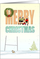 Christmas, boys playing rugby, rugby pitch covered with snow card