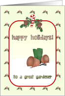 Happy Holidays For Gardener Boots Flower Pots And Trowel In The Snow card