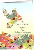 Colorful Floral Dove and Hearts Lesbian Wedding Anniversary Custom card