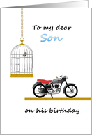 Birthday Incarcerated Dad to Son Bird in Birdcage Bird on Motorbike card