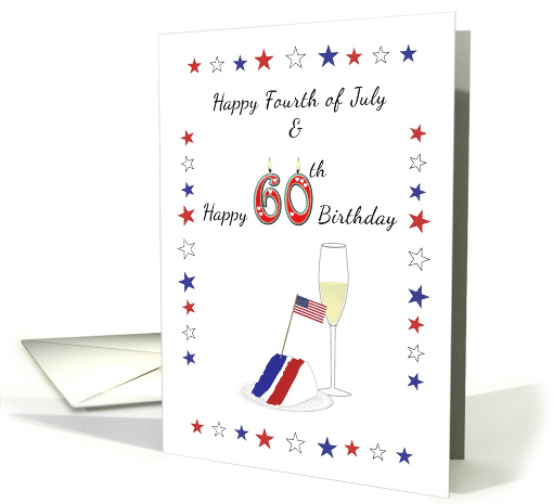 60 on Fourth of July Red White and Blue Cake with American Flag card