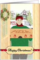 Christmas For Pizza Delivery Driver Cheerful Guy With Pizza At Door card
