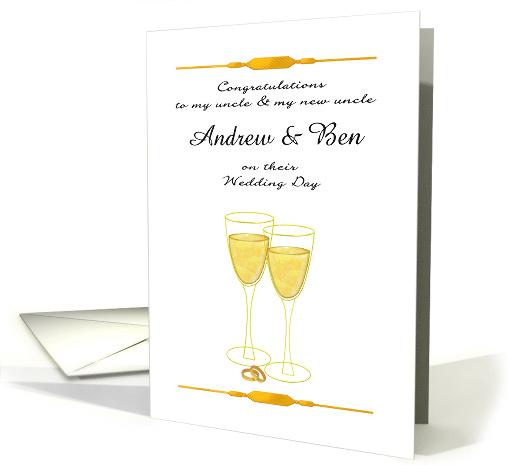 Custom Wedding Congratulations Gay Uncle Gold Rings and Champagne card