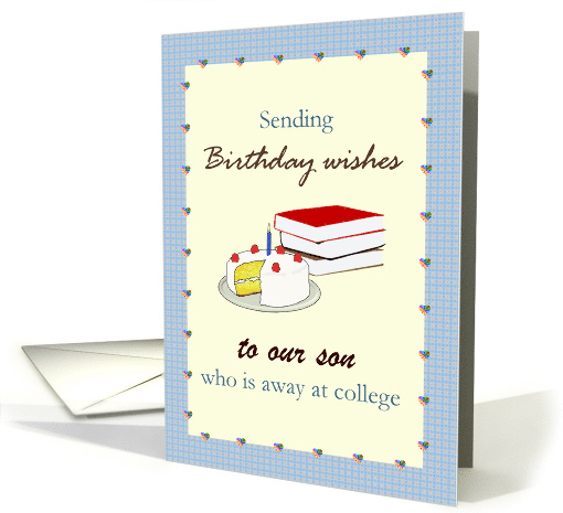 Custom Birthday Any Relation Away at College Books and Iced Cake card