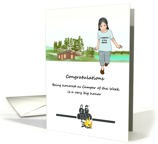 Camper Of The Week Young Girls By Campfire Log Cabin By Lake card
