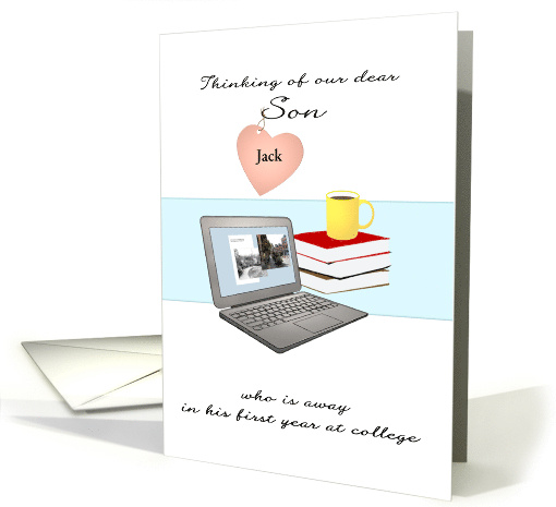 Thinking of Son 1st Year at College Custom Name Laptop Books card