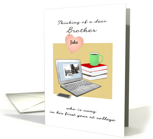 Thinking of Brother 1st Year at College Custom Name Laptop Books card