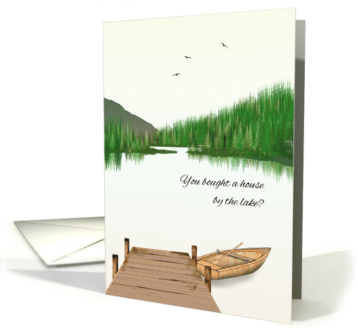 Congratulations New Lake House Boat Alongside Jetty Calm Lake card