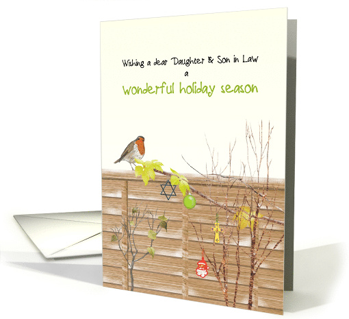 Chrismukkah Daughter and Son in Law Bird on Fence Dusting of Snow card