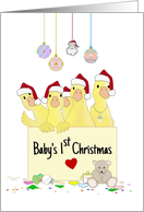 Five Cute Ducklings Holding Board Which Reads Baby’s First Christmas card