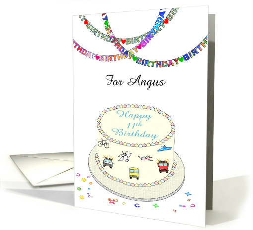 Custom Name 11th Birthday Decorated Iced Cake and Streamers card