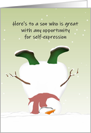 Teenage Son’s Birthday on Christmas Day Upside Down Snowman card