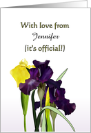 Announcement Name Change Yellow and Deep Purple Irises card