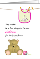 Daughter in Law Baby Shower Pink Bib on Line Teddy and Rattle Custom card