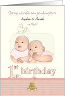 Twin Granddaughters 1st Birthday Ducklings Teddy Pacifiers Custom card