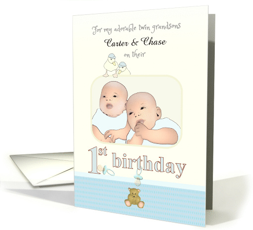 Twin Grandsons 1st Birthday Ducklings Teddy Pacifiers Custom card